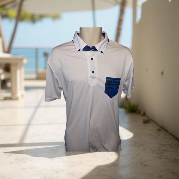 iliac Carlsbad Collar Blue Tartern White Short Sleeve Golf Polo Size Large #2 - Picture 1 of 7